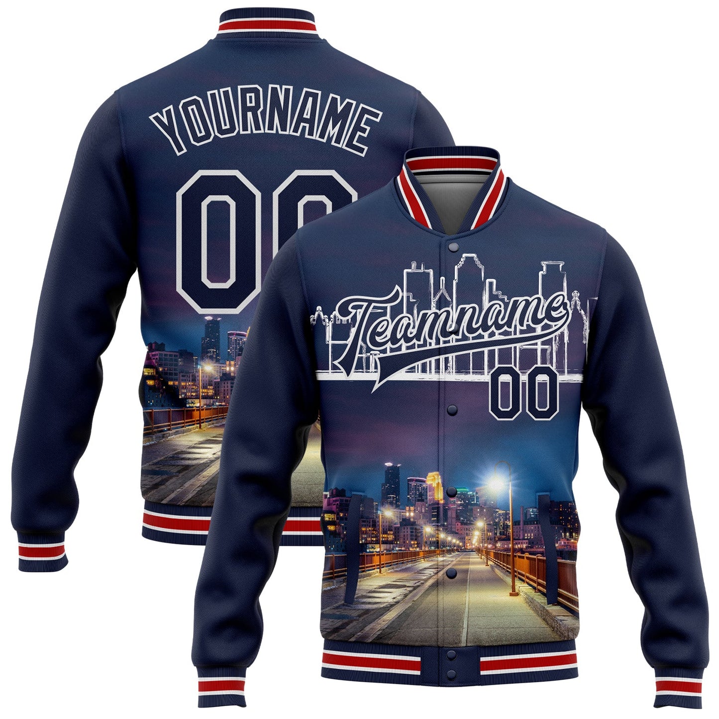 Custom Navy White Minneapolis Minnesota City Edition 3D Bomber Full-Snap Varsity Letterman Jacket - Main View