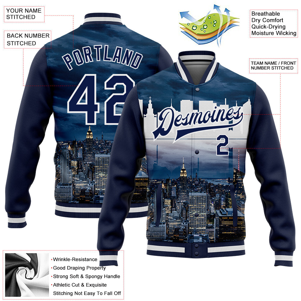 Custom Navy White New York City Edition 3D Bomber Full-Snap Varsity Letterman Jacket view 5