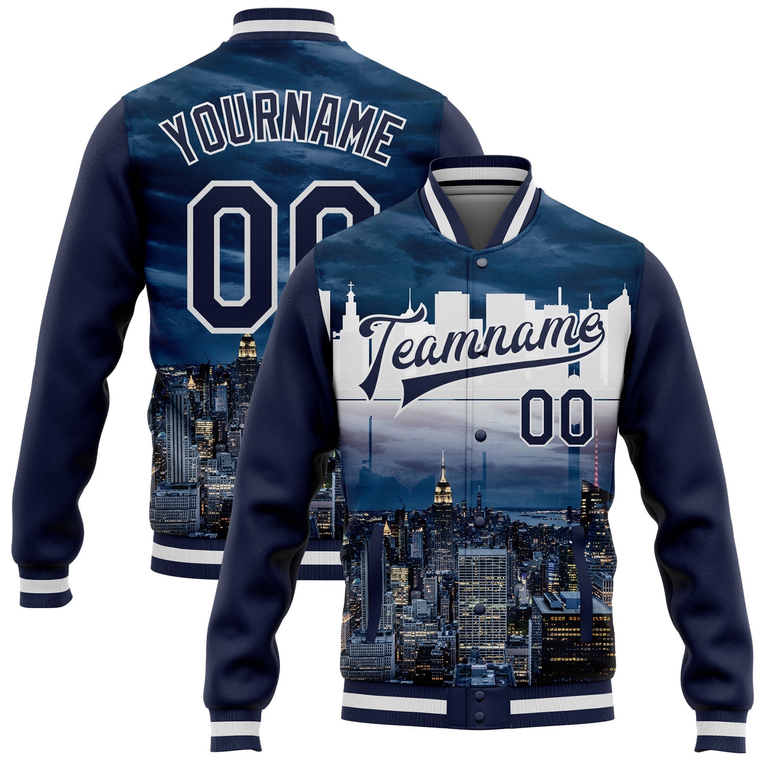 Custom Navy White New York City Edition 3D Bomber Full-Snap Varsity Letterman Jacket - Main View