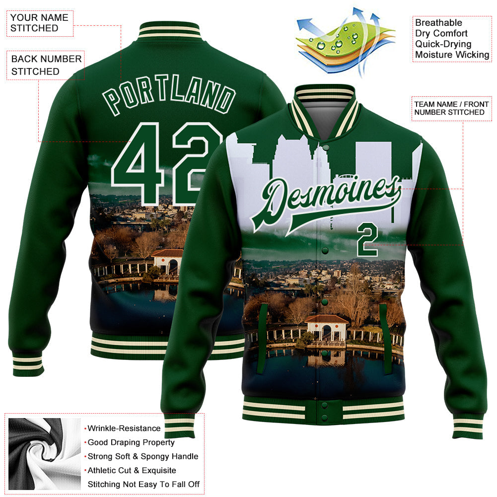 Custom Green White Lake Merritt Oakland California City Edition 3D Bomber Full-Snap Varsity Letterman Jacket view 5
