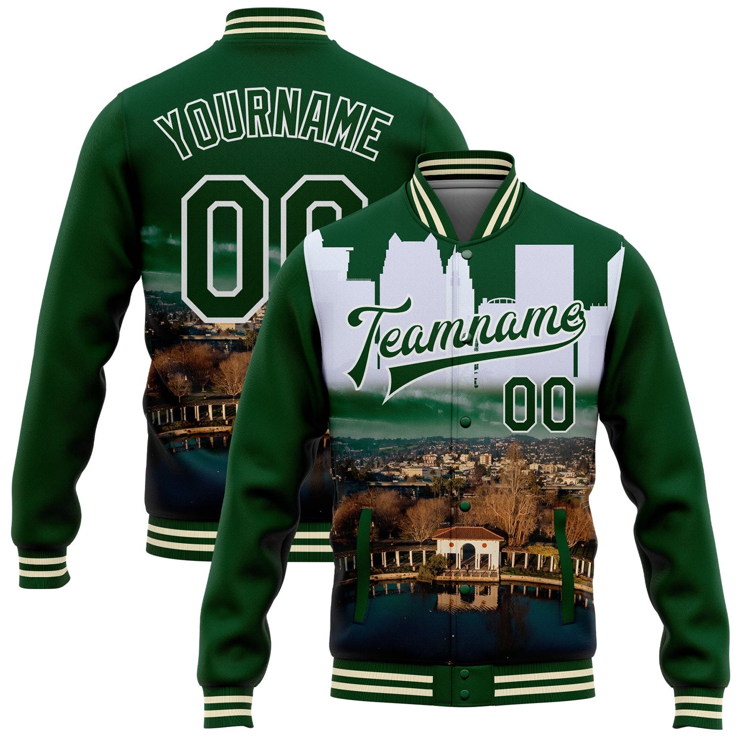 Custom Green White Lake Merritt Oakland California City Edition 3D Bomber Full-Snap Varsity Letterman Jacket - Main View