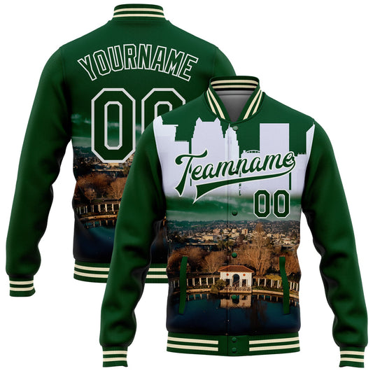 Custom Green White Lake Merritt Oakland California City Edition 3D Bomber Full-Snap Varsity Letterman Jacket - Main View