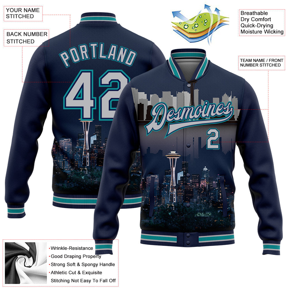 Custom Navy Gray-Teal Seattle Washington City Edition 3D Bomber Full-Snap Varsity Letterman Jacket view 5