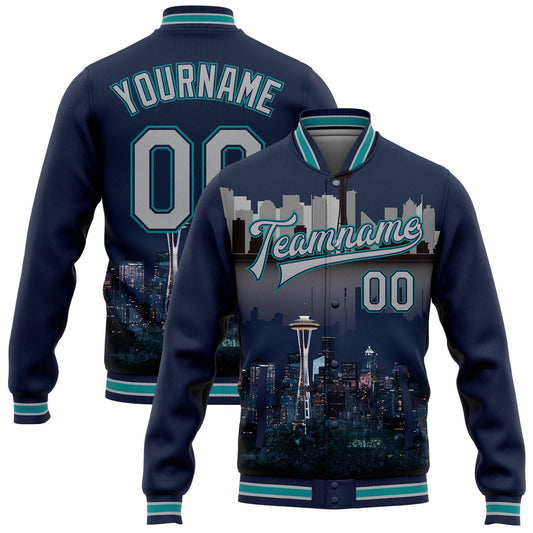 Custom Navy Gray-Teal Seattle Washington City Edition 3D Bomber Full-Snap Varsity Letterman Jacket - Main View