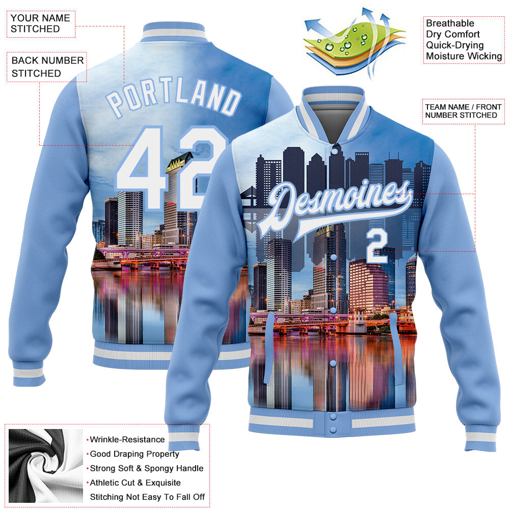 Custom Light Blue White Tampa Florida City Edition 3D Bomber Full-Snap Varsity Letterman Jacket view 5