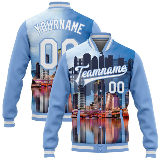 Custom Light Blue White Tampa Florida City Edition 3D Bomber Full-Snap Varsity Letterman Jacket - Main View