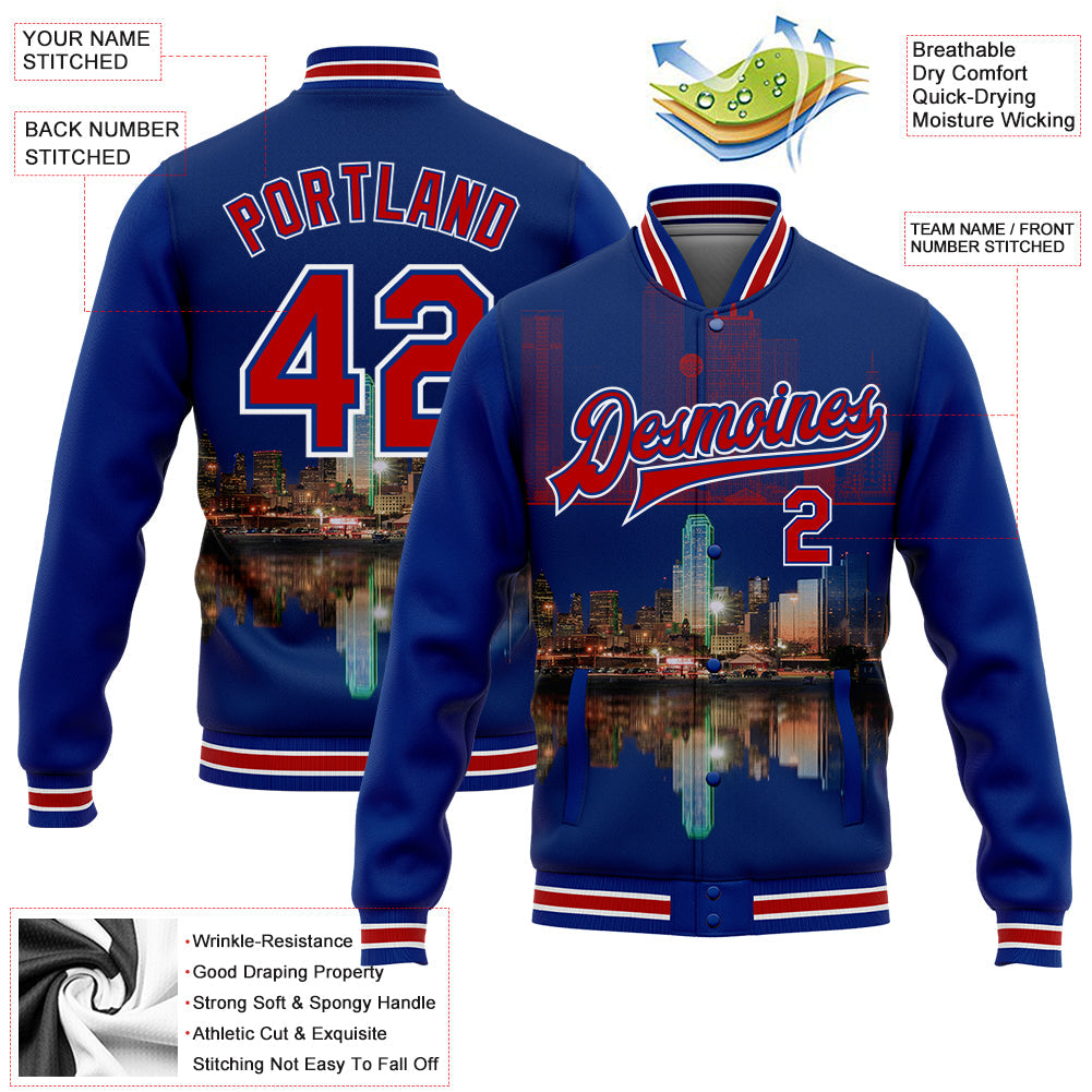 Custom Royal Red-White Dallas Texas City Edition 3D Bomber Full-Snap Varsity Letterman Jacket view 5