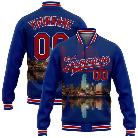 Custom Royal Red-White Dallas Texas City Edition 3D Bomber Full-Snap Varsity Letterman Jacket - Main View