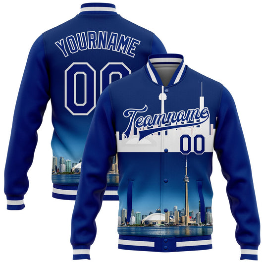 Custom Royal White Toronto Ontario City Edition 3D Bomber Full-Snap Varsity Letterman Jacket - Main View