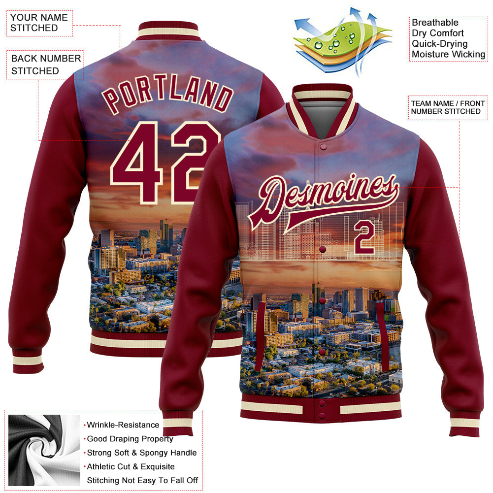 Custom Maroon Cream Phoenix Arizona City Edition 3D Bomber Full-Snap Varsity Letterman Jacket view 5