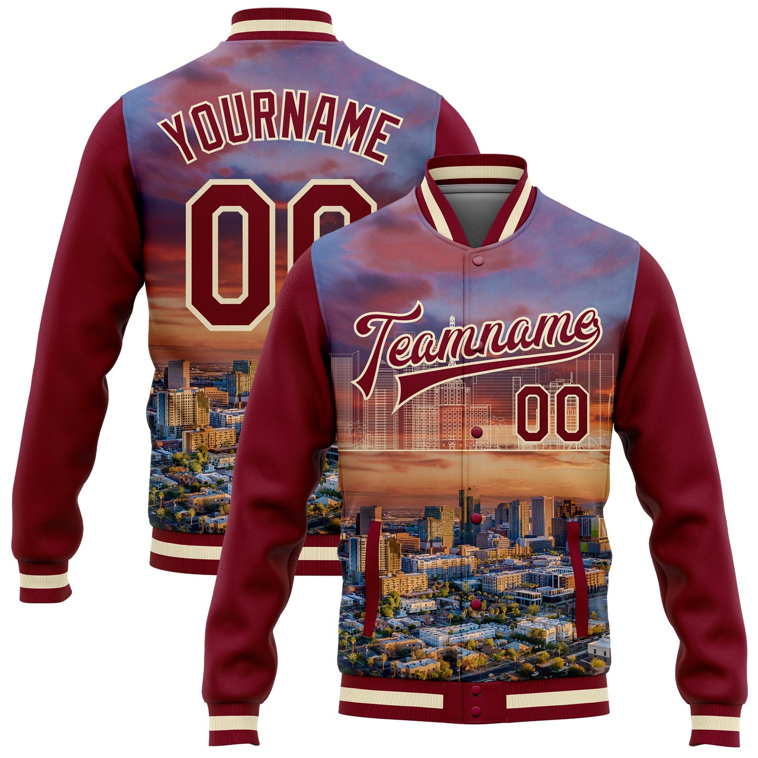 Custom Maroon Cream Phoenix Arizona City Edition 3D Bomber Full-Snap Varsity Letterman Jacket - Main View