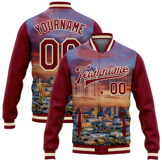 Custom Maroon Cream Phoenix Arizona City Edition 3D Bomber Full-Snap Varsity Letterman Jacket - Main View
