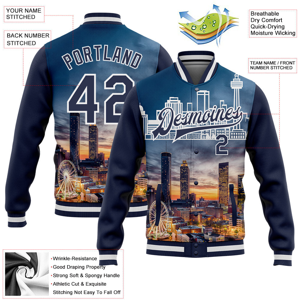 Custom Navy White Atlanta Georgia City Edition 3D Bomber Full-Snap Varsity Letterman Jacket view 5