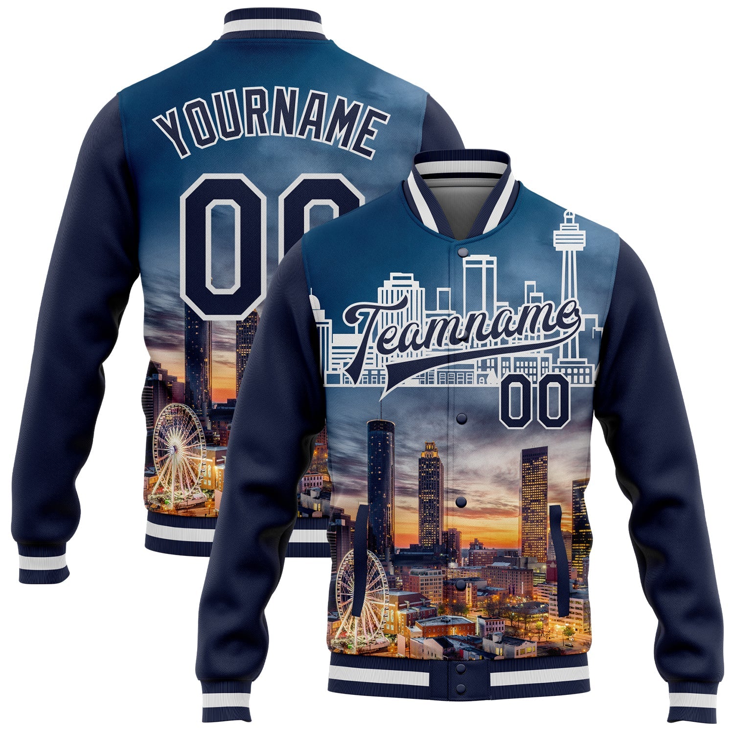 Custom Navy White Atlanta Georgia City Edition 3D Bomber Full-Snap Varsity Letterman Jacket - Main View