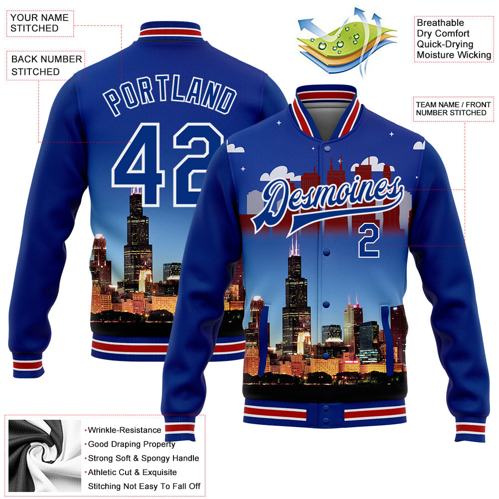 Custom Royal Red-White Chicago Illinois City Edition 3D Bomber Full-Snap Varsity Letterman Jacket view 5