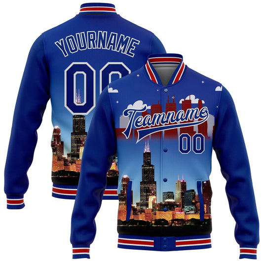 Custom Royal Red-White Chicago Illinois City Edition 3D Bomber Full-Snap Varsity Letterman Jacket - Main View