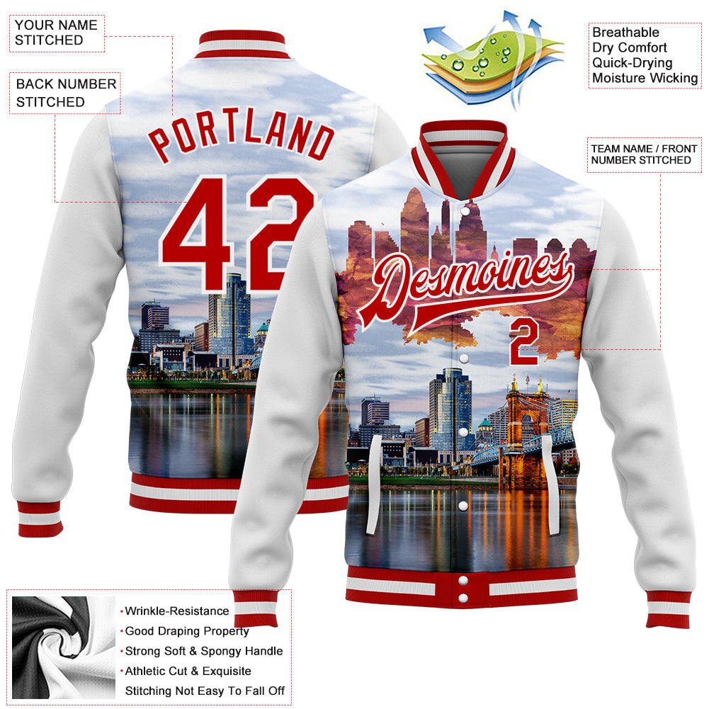 Custom White Red Cincinnati Ohio City Edition 3D Bomber Full-Snap Varsity Letterman Jacket view 5