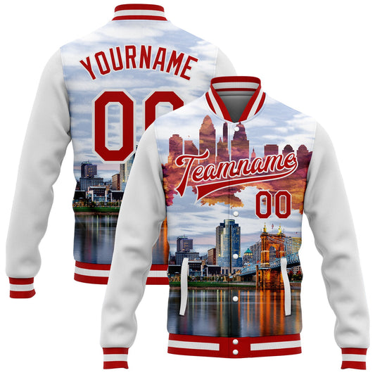 Custom White Red Cincinnati Ohio City Edition 3D Bomber Full-Snap Varsity Letterman Jacket - Main View