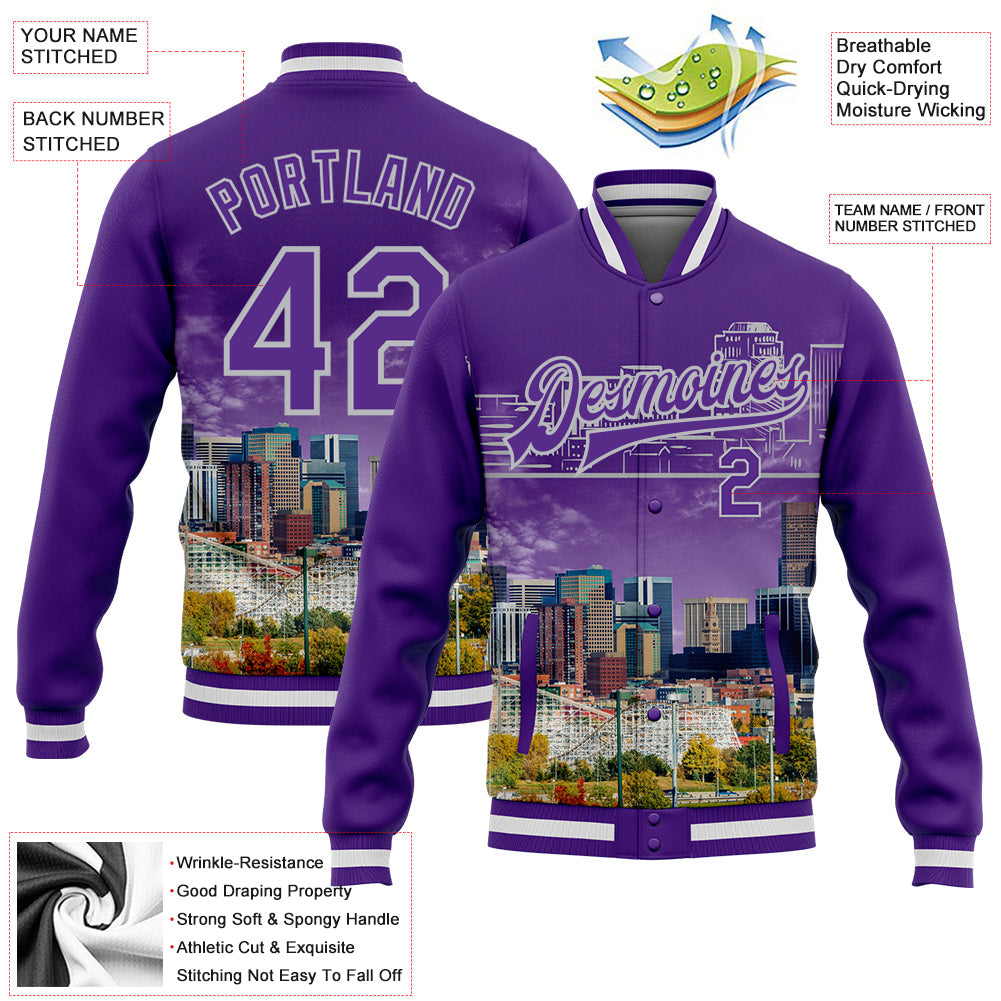 Custom Purple Gray Denver Colorado City Edition 3D Bomber Full-Snap Varsity Letterman Jacket view 5