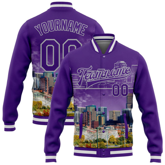 Custom Purple Gray Denver Colorado City Edition 3D Bomber Full-Snap Varsity Letterman Jacket - Main View