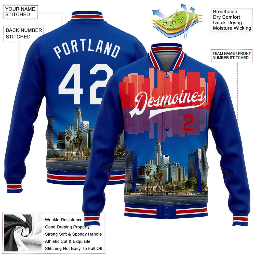 Custom Royal White-Red Los Angeles California City Edition 3D Bomber Full-Snap Varsity Letterman Jacket view 5