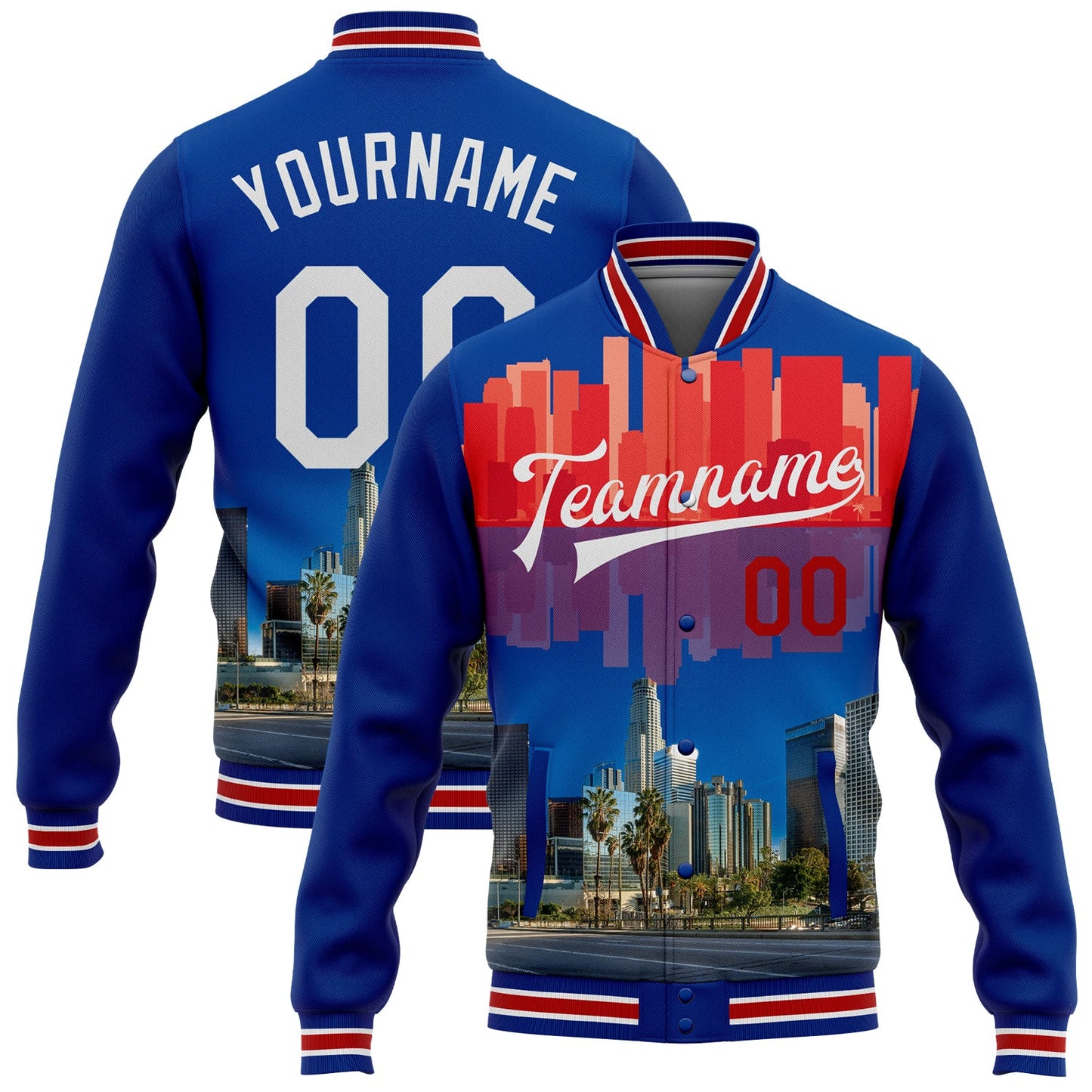 Custom Royal White-Red Los Angeles California City Edition 3D Bomber Full-Snap Varsity Letterman Jacket - Main View
