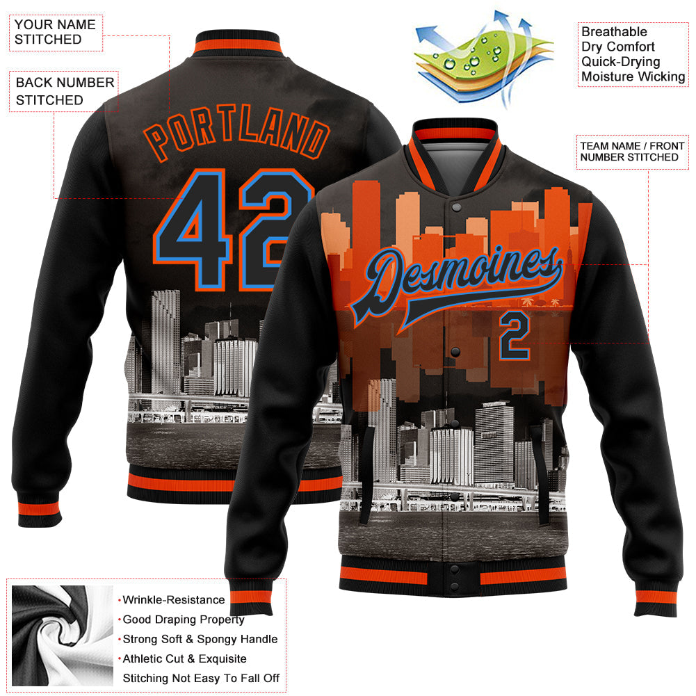 Custom Black Powder Blue-Orange Miami Florida City Edition 3D Bomber Full-Snap Varsity Letterman Jacket view 5
