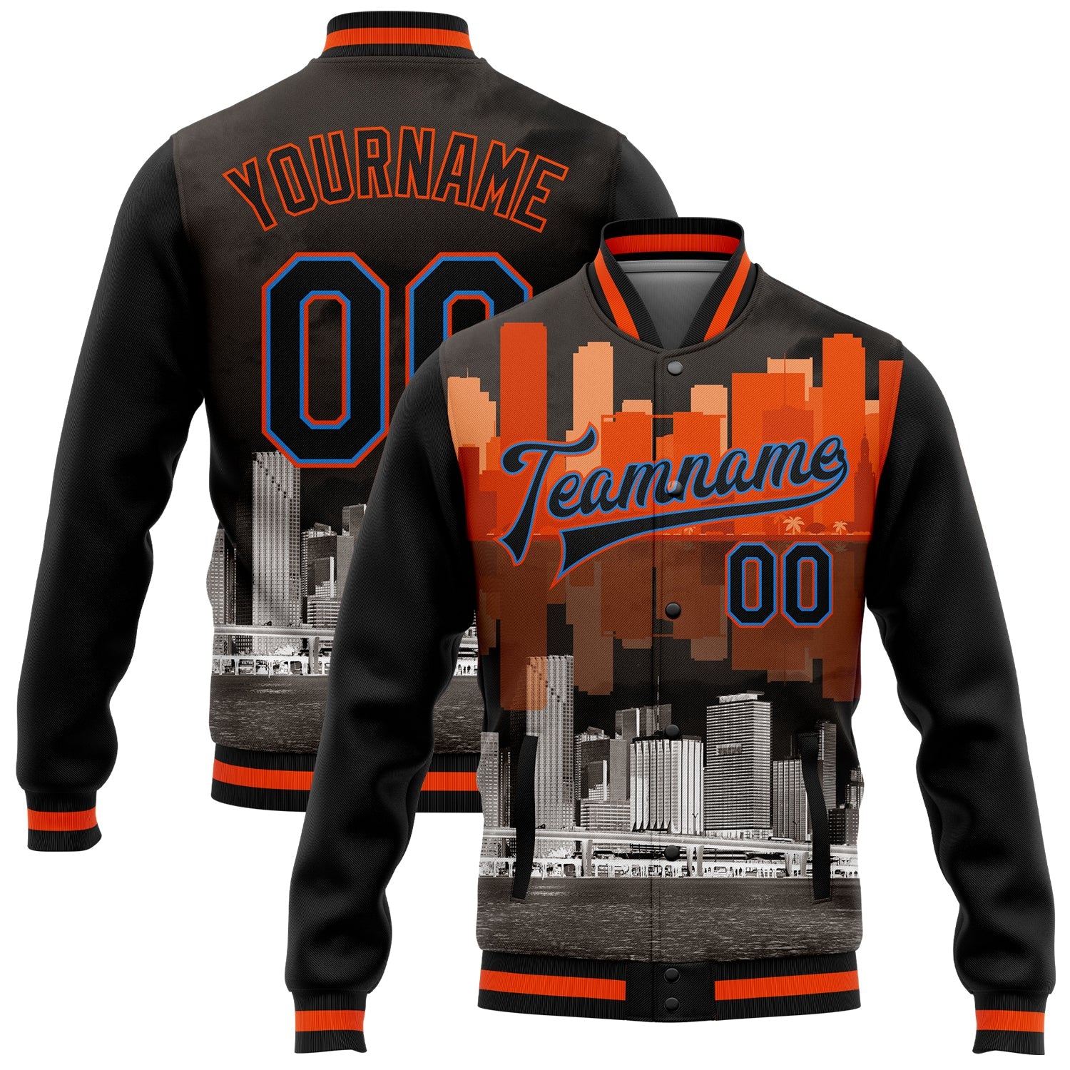 Custom Black Powder Blue-Orange Miami Florida City Edition 3D Bomber Full-Snap Varsity Letterman Jacket - Main View