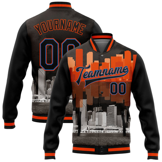 Custom Black Powder Blue-Orange Miami Florida City Edition 3D Bomber Full-Snap Varsity Letterman Jacket - Main View