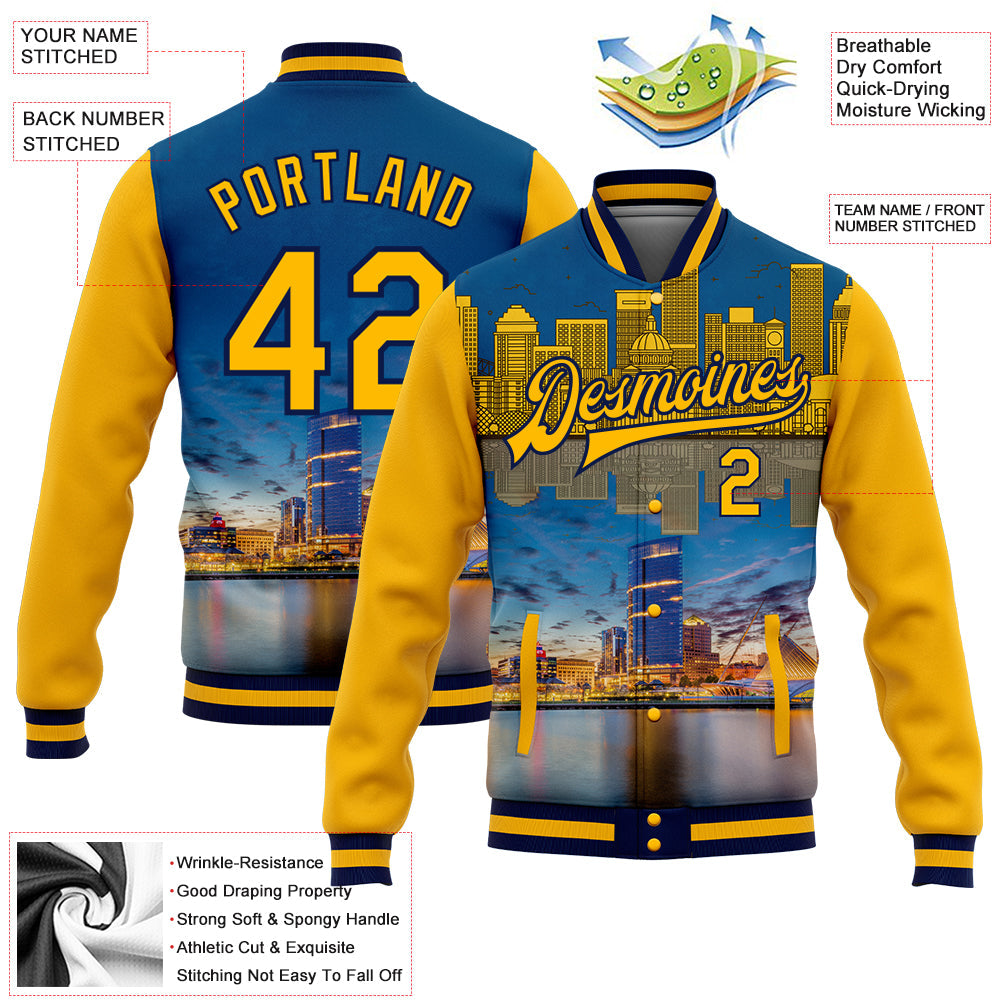 Custom Gold Navy Milwaukee Wisconsin City Edition 3D Bomber Full-Snap Varsity Letterman Jacket view 5