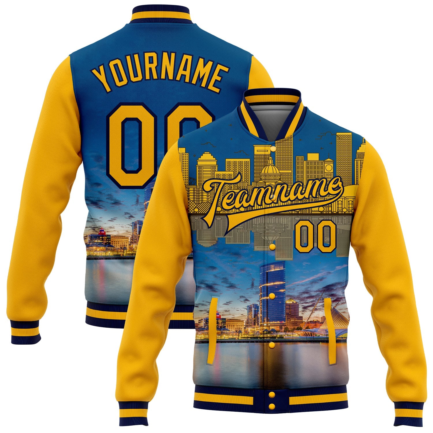 Custom Gold Navy Milwaukee Wisconsin City Edition 3D Bomber Full-Snap Varsity Letterman Jacket - Main View