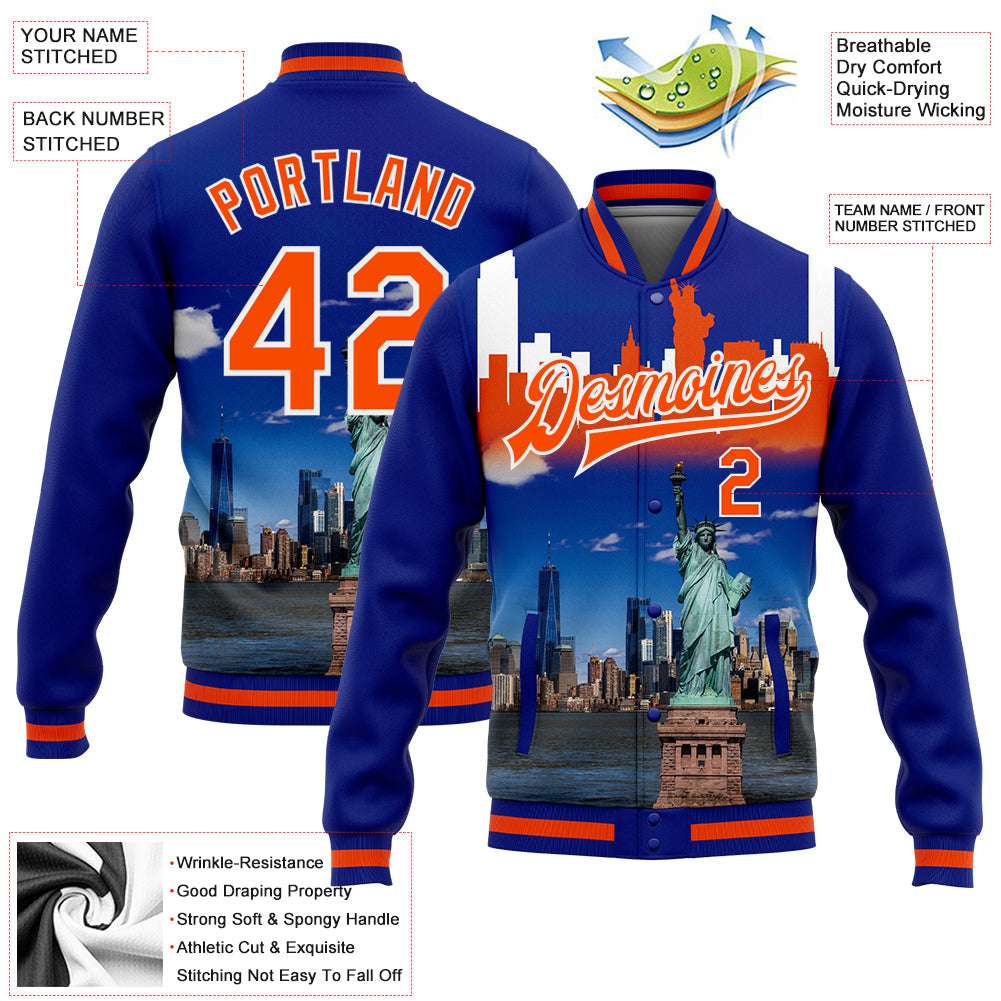 Custom Royal Orange-White Statue Of Liberty New York City Edition 3D Bomber Full-Snap Varsity Letterman Jacket view 5
