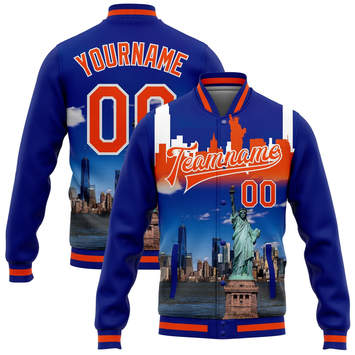 Custom Royal Orange-White Statue Of Liberty New York City Edition 3D Bomber Full-Snap Varsity Letterman Jacket - Main View