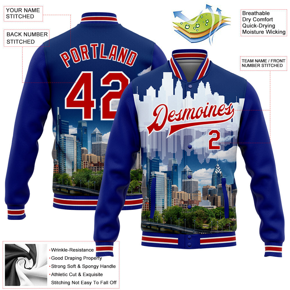 Custom Royal Red-White Philadelphia Pennsylvania City Edition 3D Bomber Full-Snap Varsity Letterman Jacket view 5