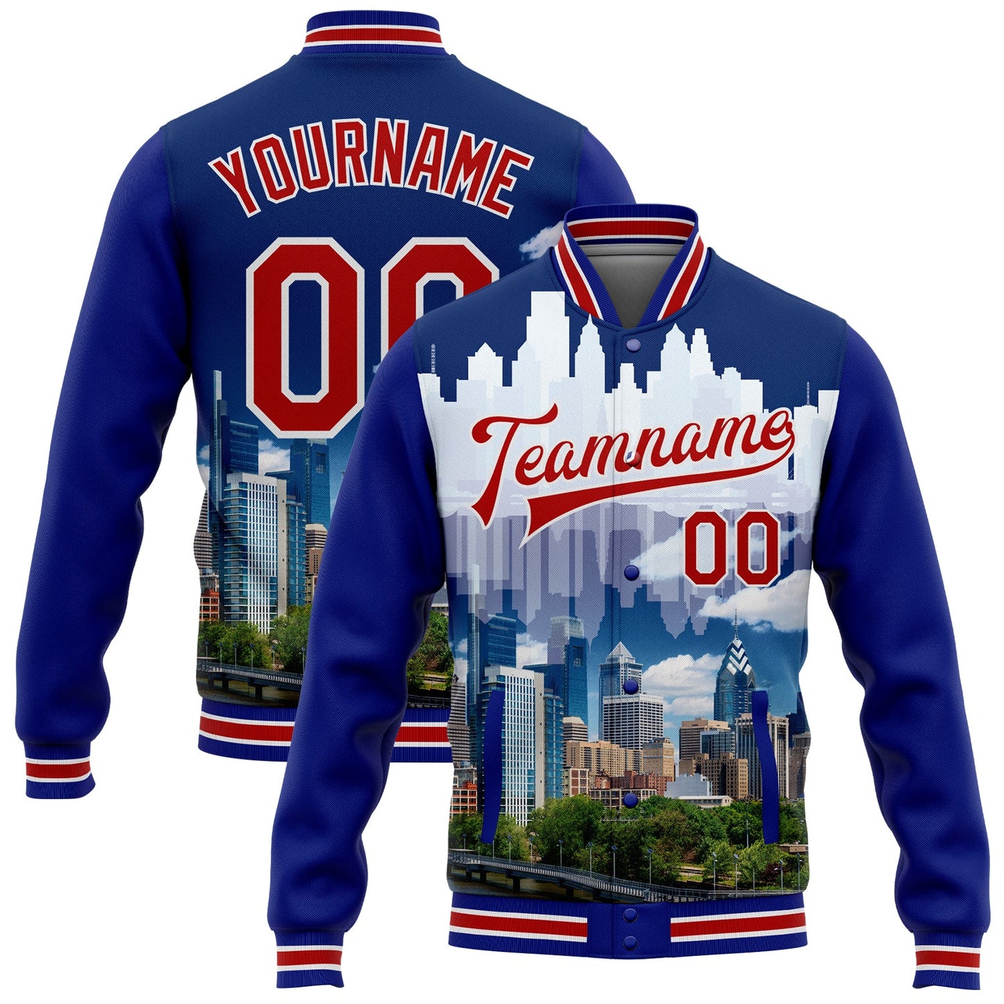 Custom Royal Red-White Philadelphia Pennsylvania City Edition 3D Bomber Full-Snap Varsity Letterman Jacket - Main View