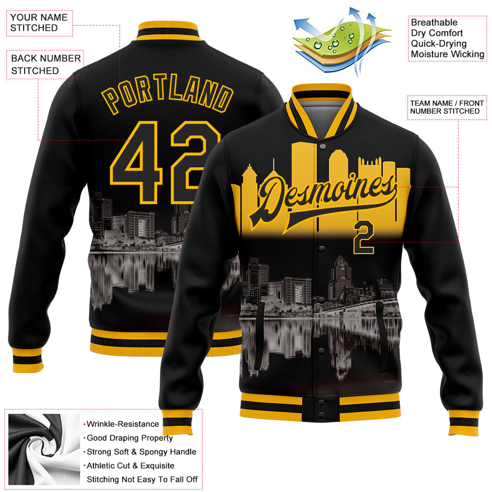 Custom Black Gold Pittsburgh Pennsylvania City Edition 3D Bomber Full-Snap Varsity Letterman Jacket view 5