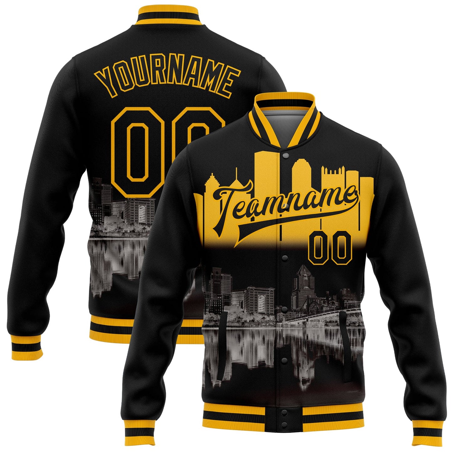 Custom Black Gold Pittsburgh Pennsylvania City Edition 3D Bomber Full-Snap Varsity Letterman Jacket - Main View