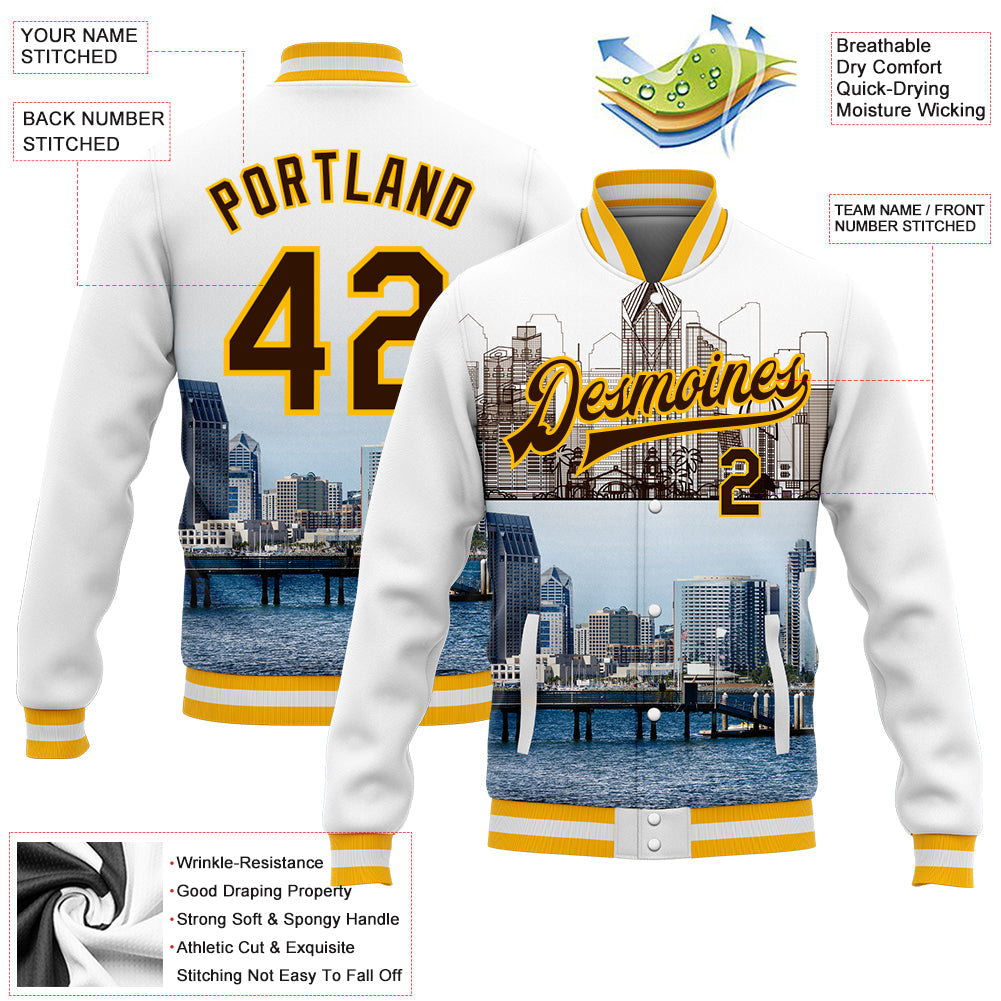 Custom White Brown-Gold San Diego California City Edition 3D Bomber Full-Snap Varsity Letterman Jacket view 5