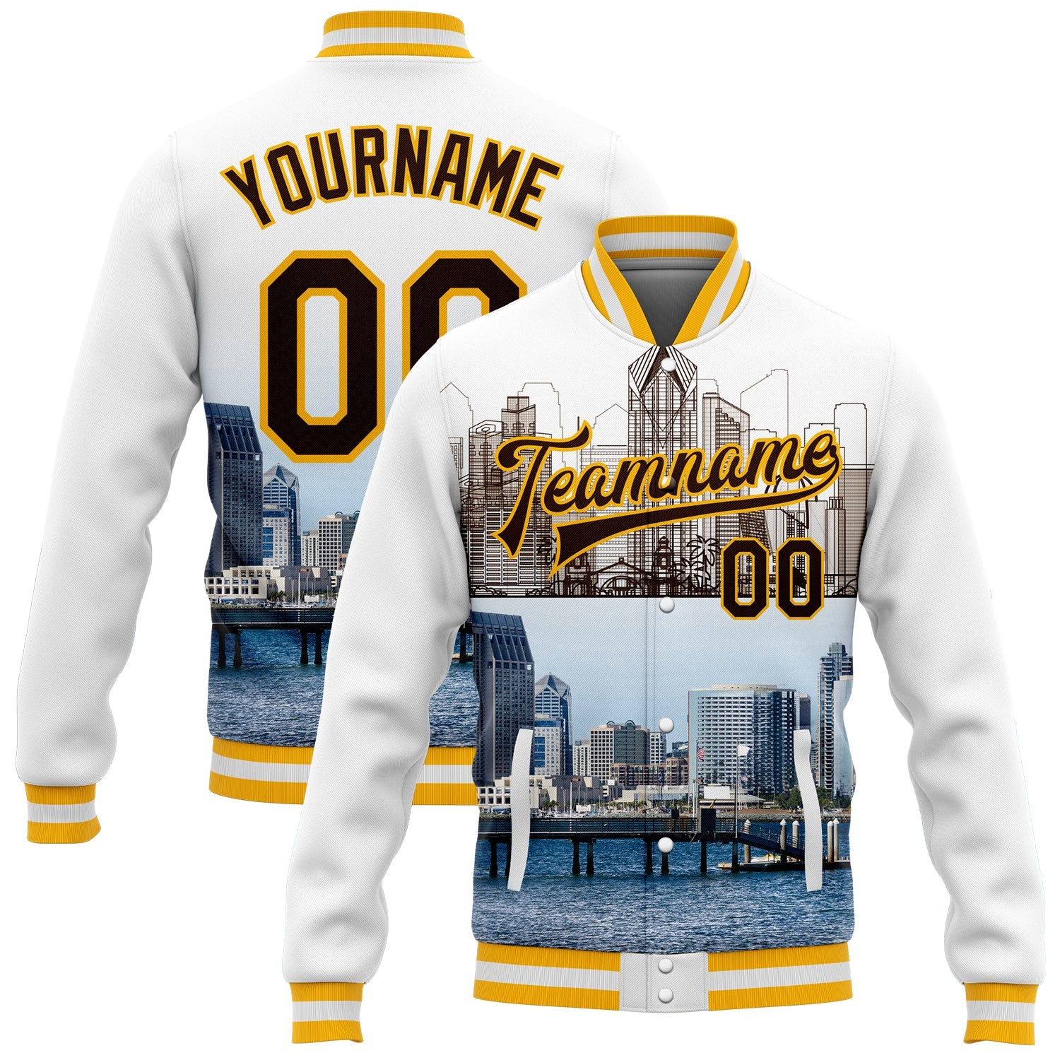 Custom White Brown-Gold San Diego California City Edition 3D Bomber Full-Snap Varsity Letterman Jacket - Main View