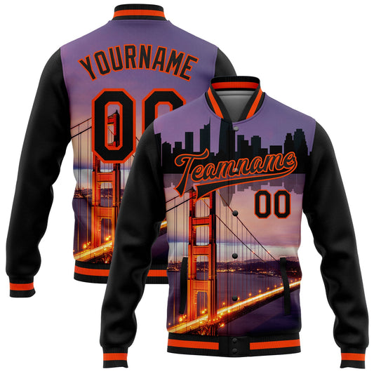Custom Black Orange The Golden Gate Bridge San Francisco California City Edition 3D Bomber Full-Snap Varsity Letterman Jacket - Main View