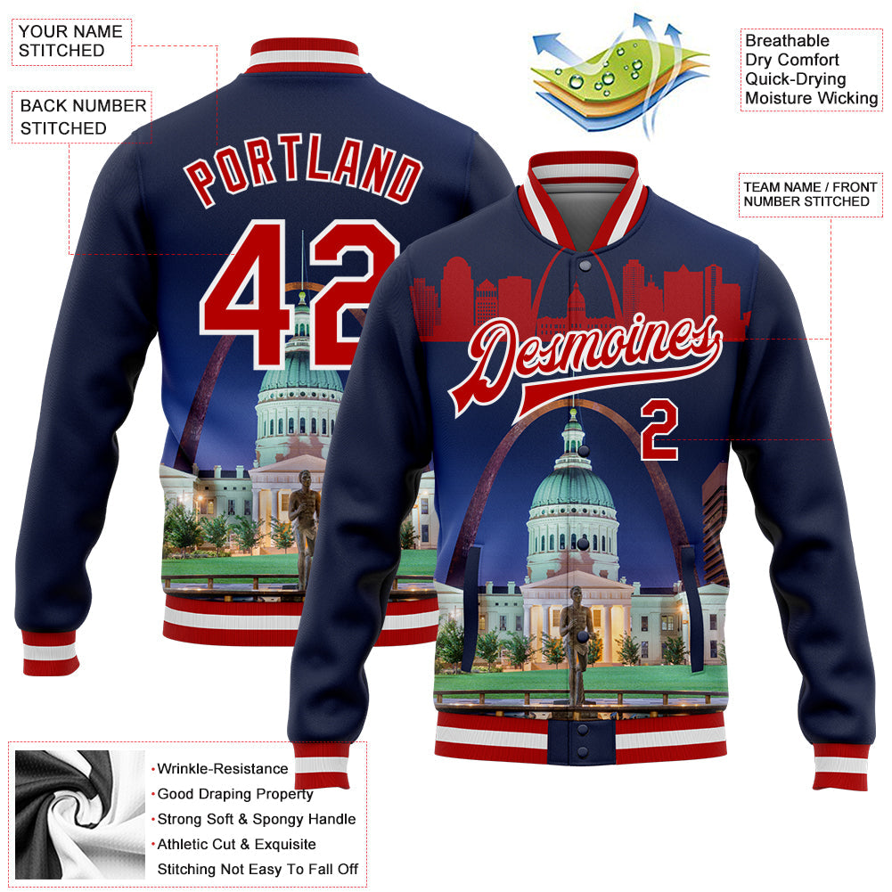 Custom Navy Red-White The Gateway Arch St.Louis Missouri City Edition 3D Bomber Full-Snap Varsity Letterman Jacket view 5