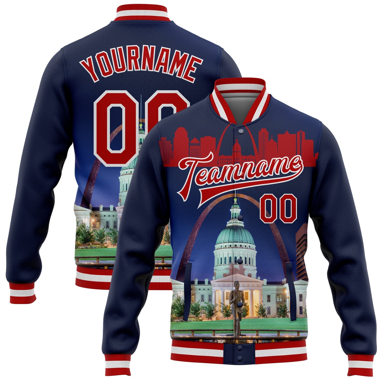 Custom Navy Red-White The Gateway Arch St.Louis Missouri City Edition 3D Bomber Full-Snap Varsity Letterman Jacket - Main View