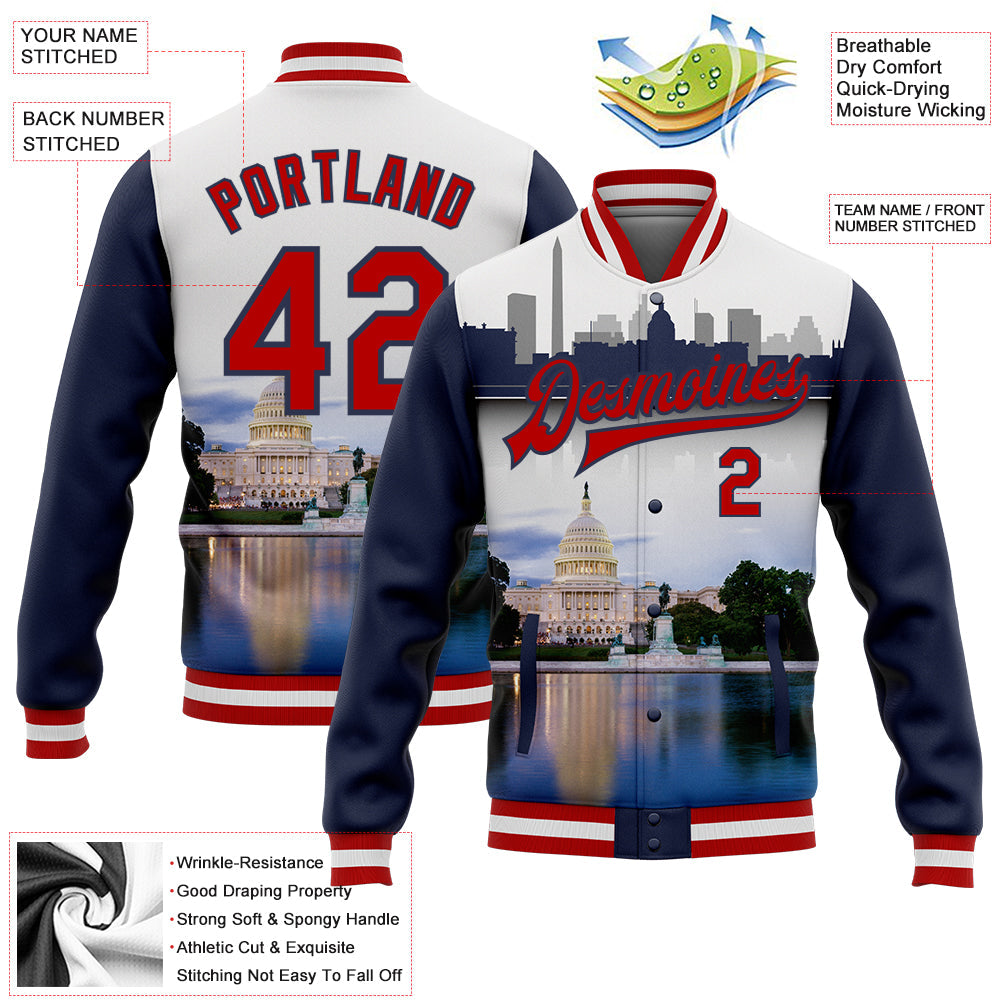 Custom White Red-Navy Capitol Washington City Edition 3D Bomber Full-Snap Varsity Letterman Jacket view 5