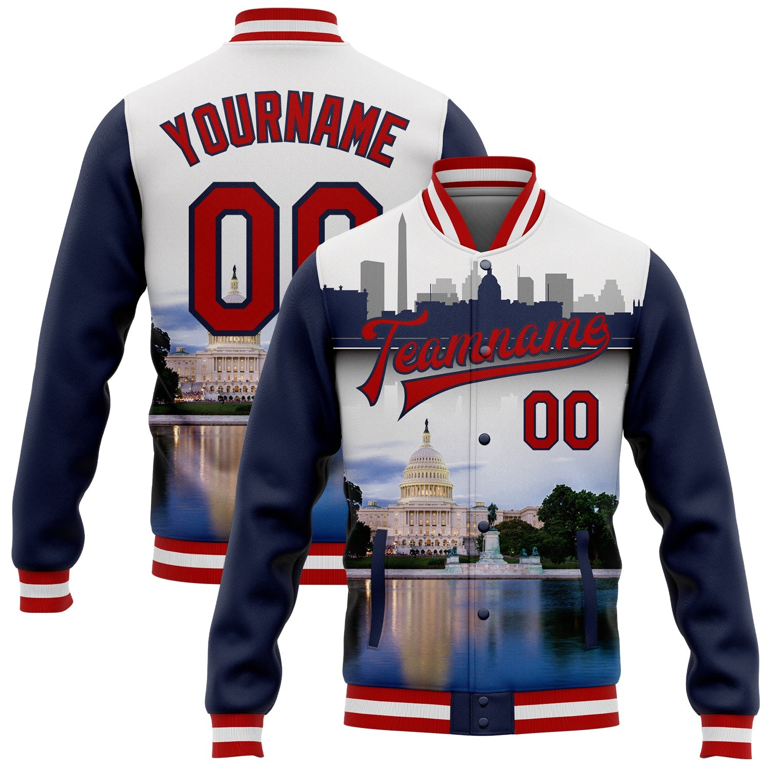 Custom White Red-Navy Capitol Washington City Edition 3D Bomber Full-Snap Varsity Letterman Jacket - Main View