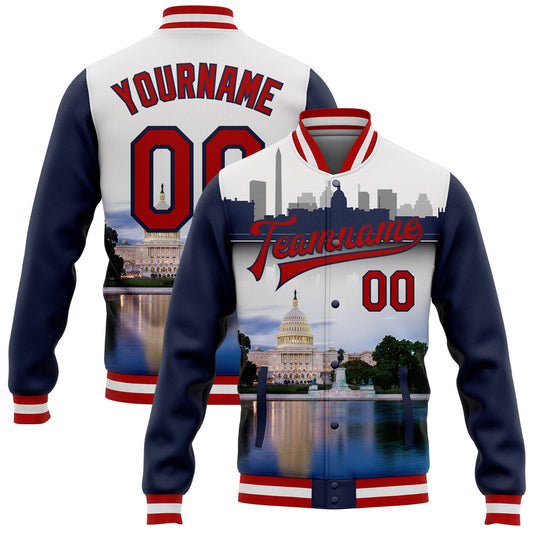 Custom White Red-Navy Capitol Washington City Edition 3D Bomber Full-Snap Varsity Letterman Jacket - Main View