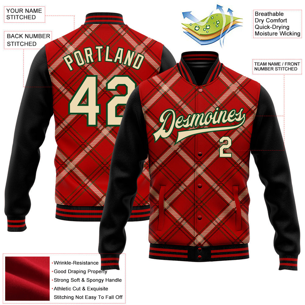 Custom Red City Cream Black-Green Check Board 3D Pattern Design Bomber Full-Snap Varsity Letterman Jacket view 5