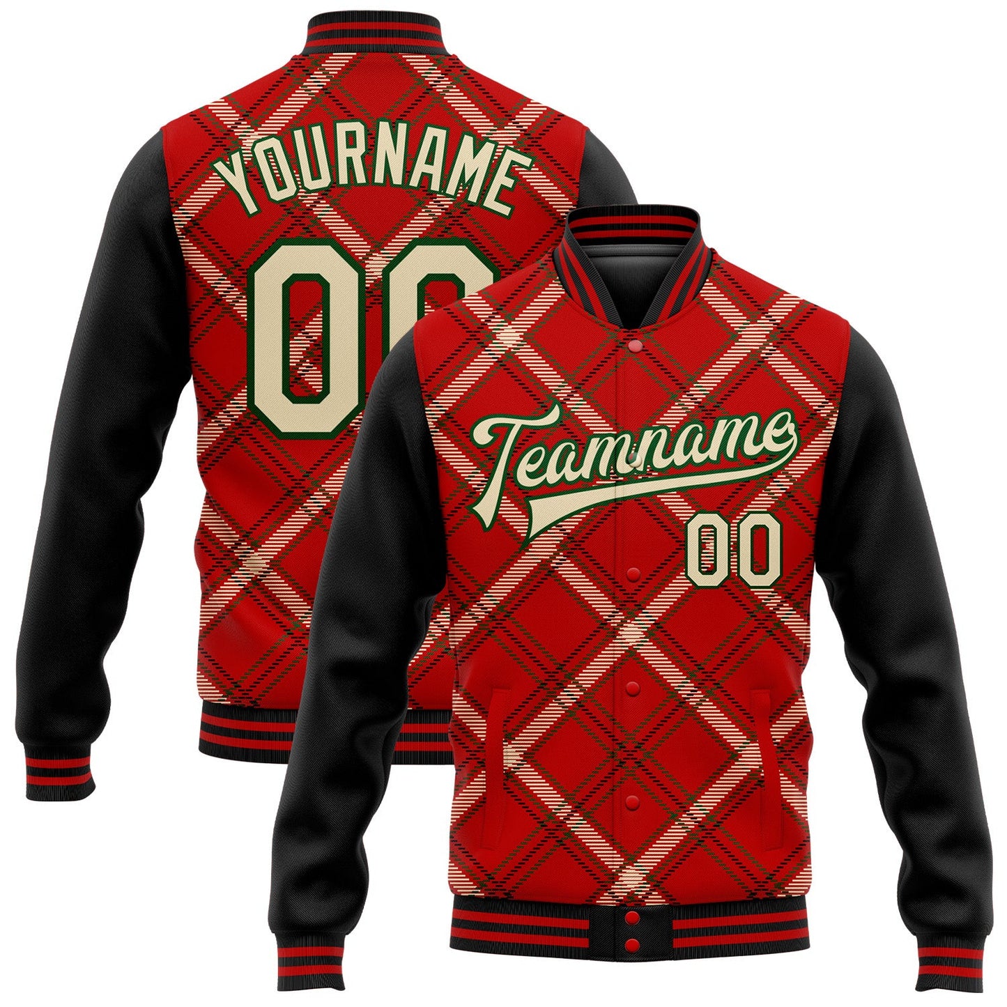 Custom Red City Cream Black-Green Check Board 3D Pattern Design Bomber Full-Snap Varsity Letterman Jacket - Main View
