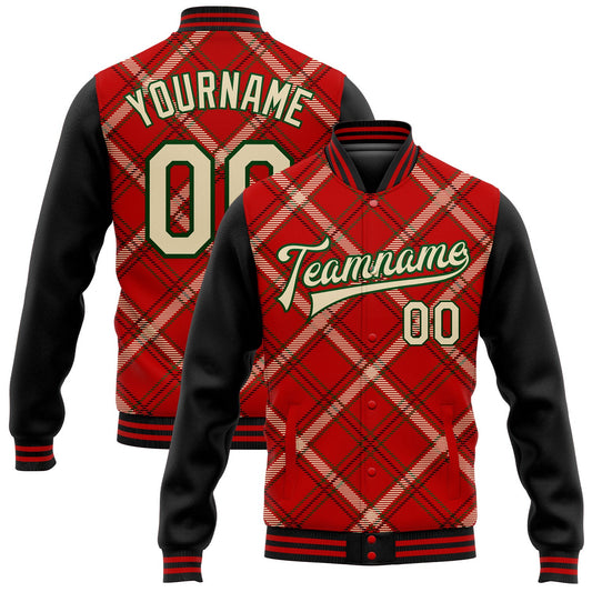 Custom Red City Cream Black-Green Check Board 3D Pattern Design Bomber Full-Snap Varsity Letterman Jacket - Main View