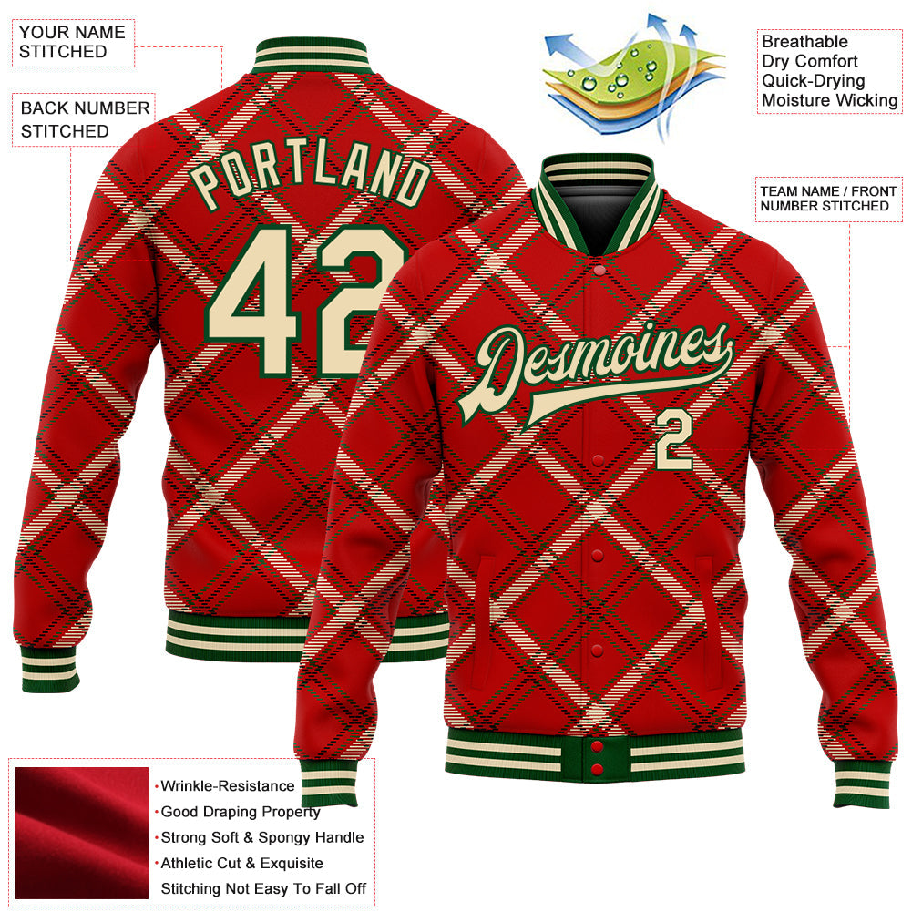 Custom Red Cream-Green Check Board 3D Pattern Design Bomber Full-Snap Varsity Letterman Jacket view 5