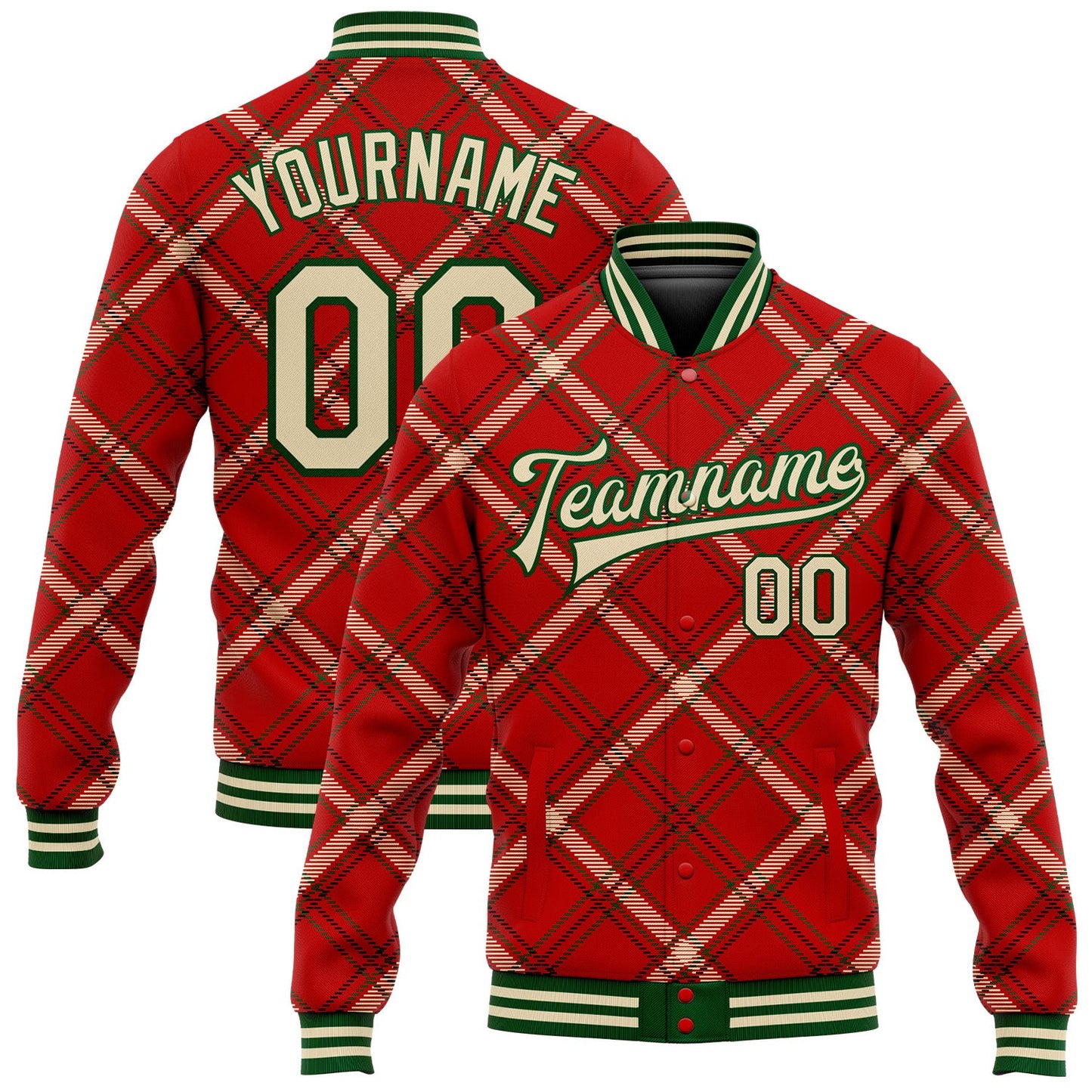 Custom Red Cream-Green Check Board 3D Pattern Design Bomber Full-Snap Varsity Letterman Jacket - Main View